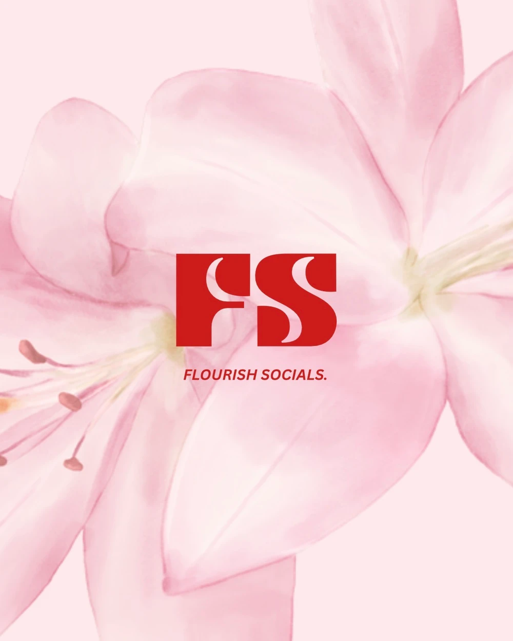 Flourish Socials — red FS logo on pink lilies